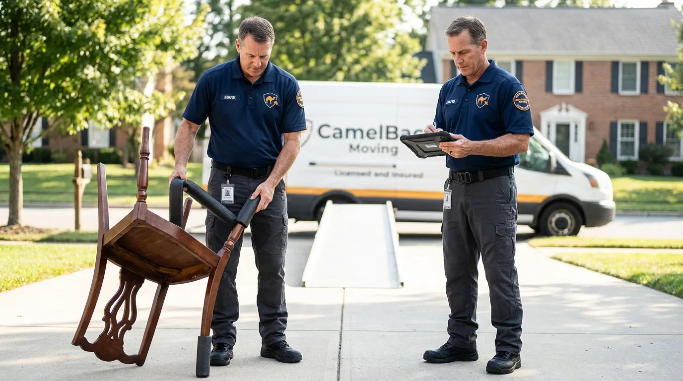 Movers inspecting furniture for damage prevention before loading in Nahunta, GA