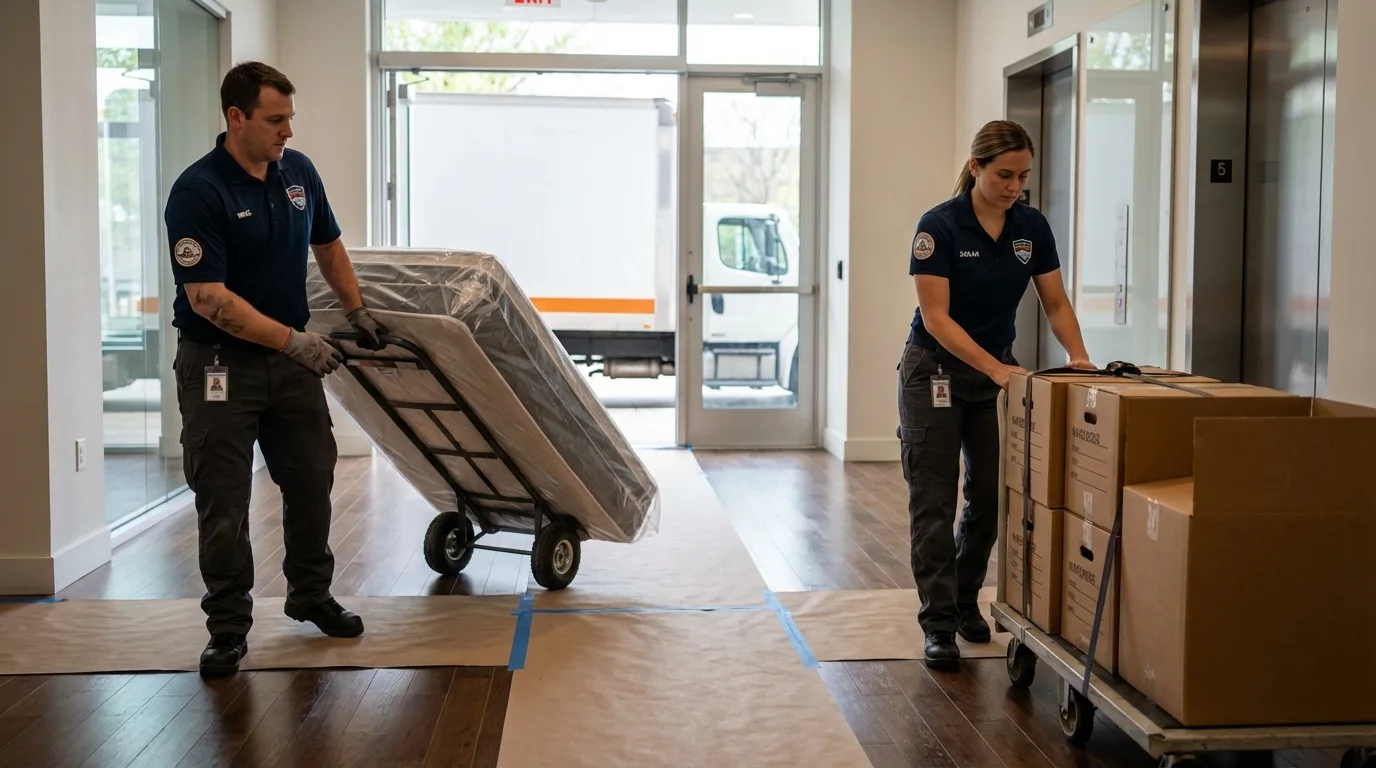 Professional apartment movers loading elevator in Nahunta, GA